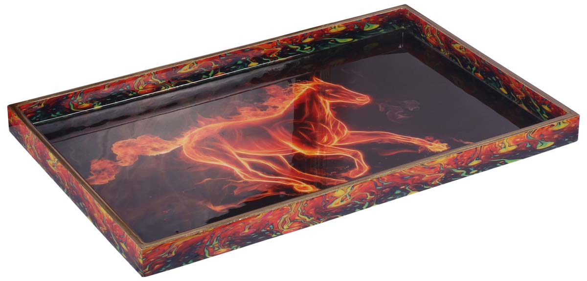 Buy in Bulk Wholesale Serving Tray in MDF - 12” Hand-Crafted Black & Orange - Decorative Tray with Enamelled Fire Horse Image - Classic Serve-Ware/Decor/Gifts from India